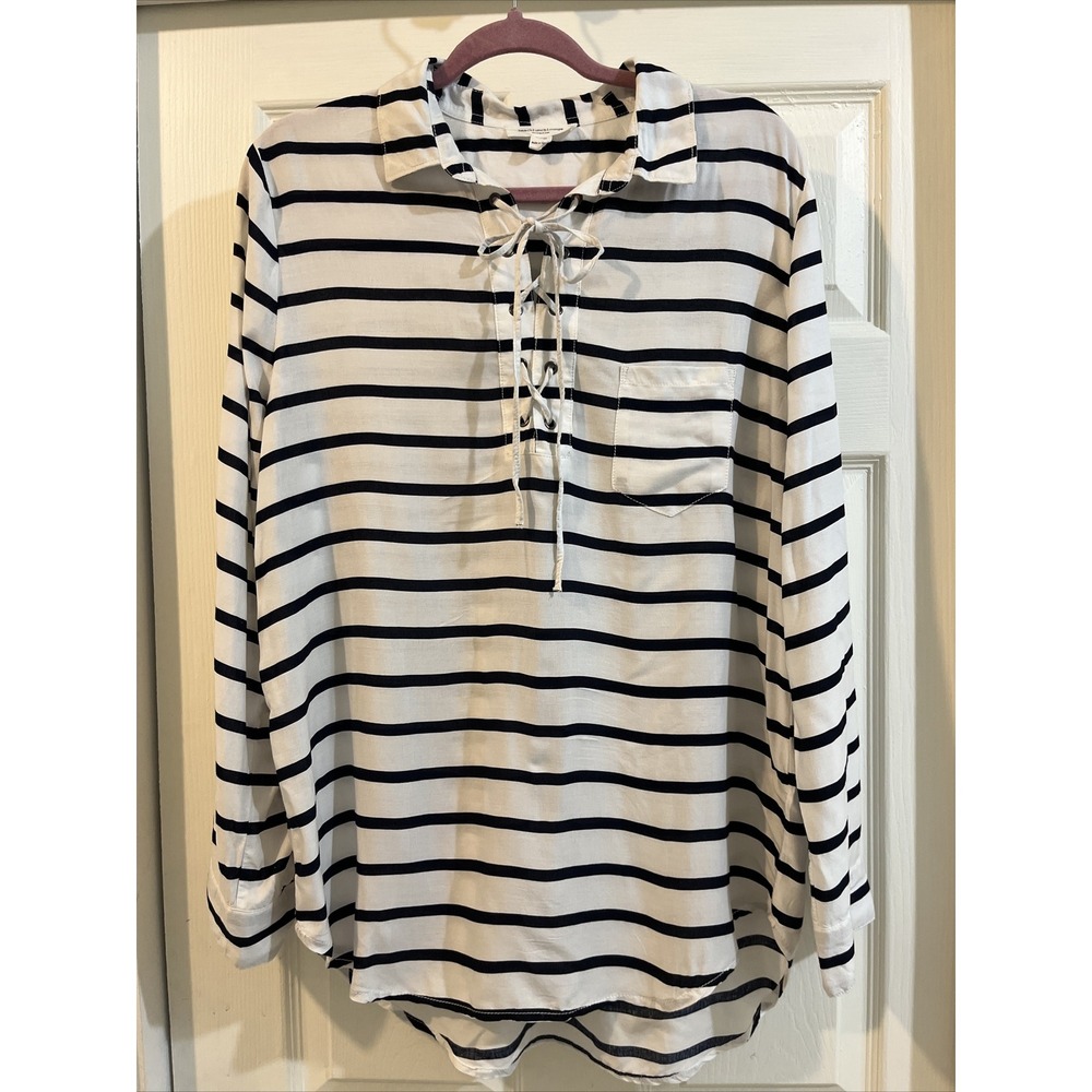 Beach Lunch Lounge Tunic blue/white stripe sz L, laced w grommets, Nautical